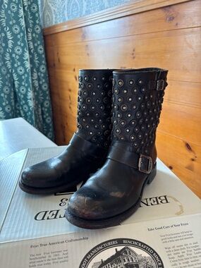Frye Black Studded Leather Combat Boots